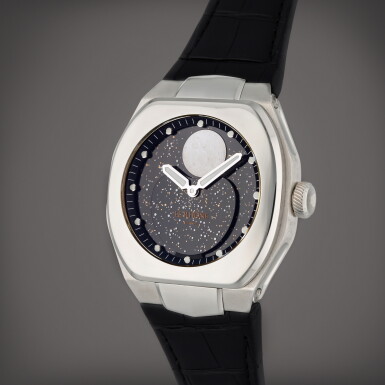 View full screen - View 1 of Lot 582. MOÖN | A stainless steel automatic wristwatch with moon phases, Circa 2019.