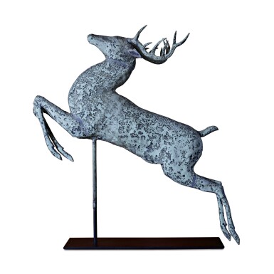 View full screen - View 1 of Lot 1. VERY FINE AND RARE MOLDED FULL BODIED SHEET COPPER LEAPING STAG WEATHERVANE, HARRIS & CO., BOSTON, MASSACHUSETTS, CIRCA 1880.