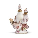 A CHELSEA PORCELAIN TRIPLE SCENT BOTTLE AND STOPPERS IN THE FORM OF A HEN AND CHICKS CIRCA 1755