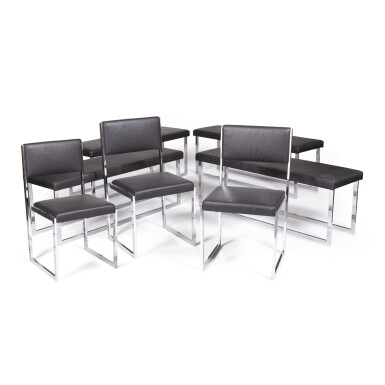 View full screen - View 1 of Lot 449. Four benches and three chairs, circa 2000 | Vier Bänke und zwei Stühle aus Metall und Kunstleder, circa 2000.