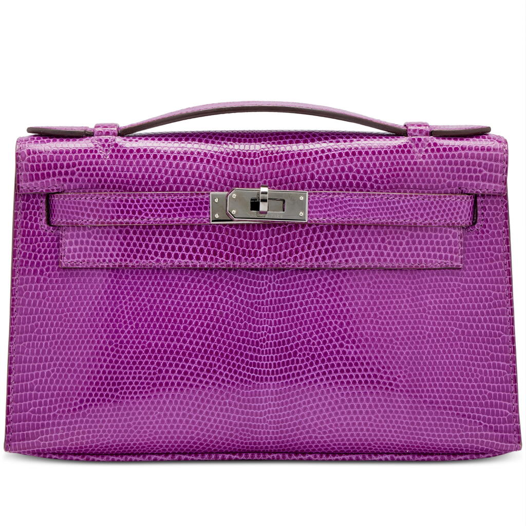 View full screen - View 1 of Lot 1203. Violet Lizard Kelly Pochette Ruthenium Hardware, 2006.