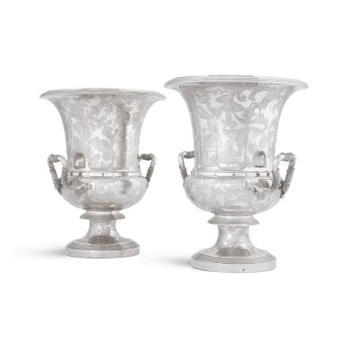 View full screen - View 1 of Lot 128. A pair of French silver wine coolers, Frederic Achille Boulanger, Paris, 1819-1838 marks.