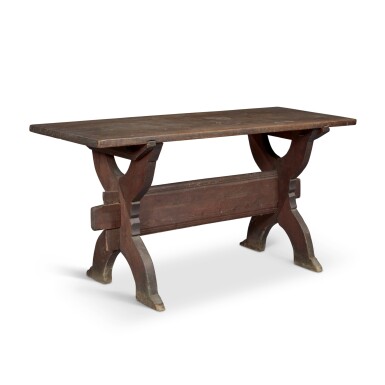 View full screen - View 1 of Lot 628. Rare Red Painted Pine Sawbuck Table, Southeastern Pennsylvania, Circa 1815.