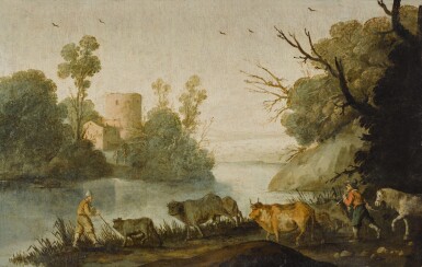 View full screen - View 1 of Lot 169. River landscape with cows and figures.