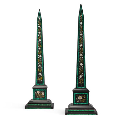 View full screen - View 1 of Lot 43. A pair of Ashford black marble, malachite and hardstones inlaid obelisks, late 19th century/ early 20th century.