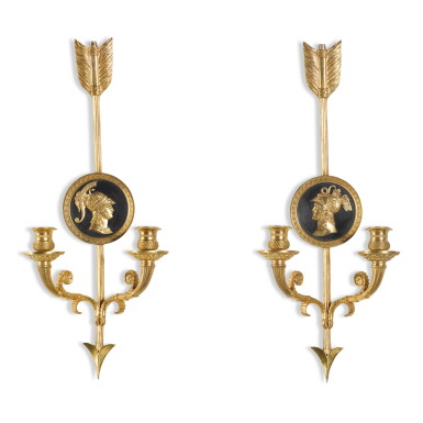 View full screen - View 1 of Lot 148. A pair of gilt-bronze and ormolu two branch wall lights, 19th century.