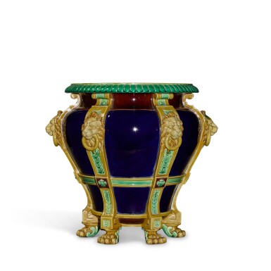 View full screen - View 1 of Lot 160. Three Minton Majolica blue-ground jardinières, 1868 and 1884-85.