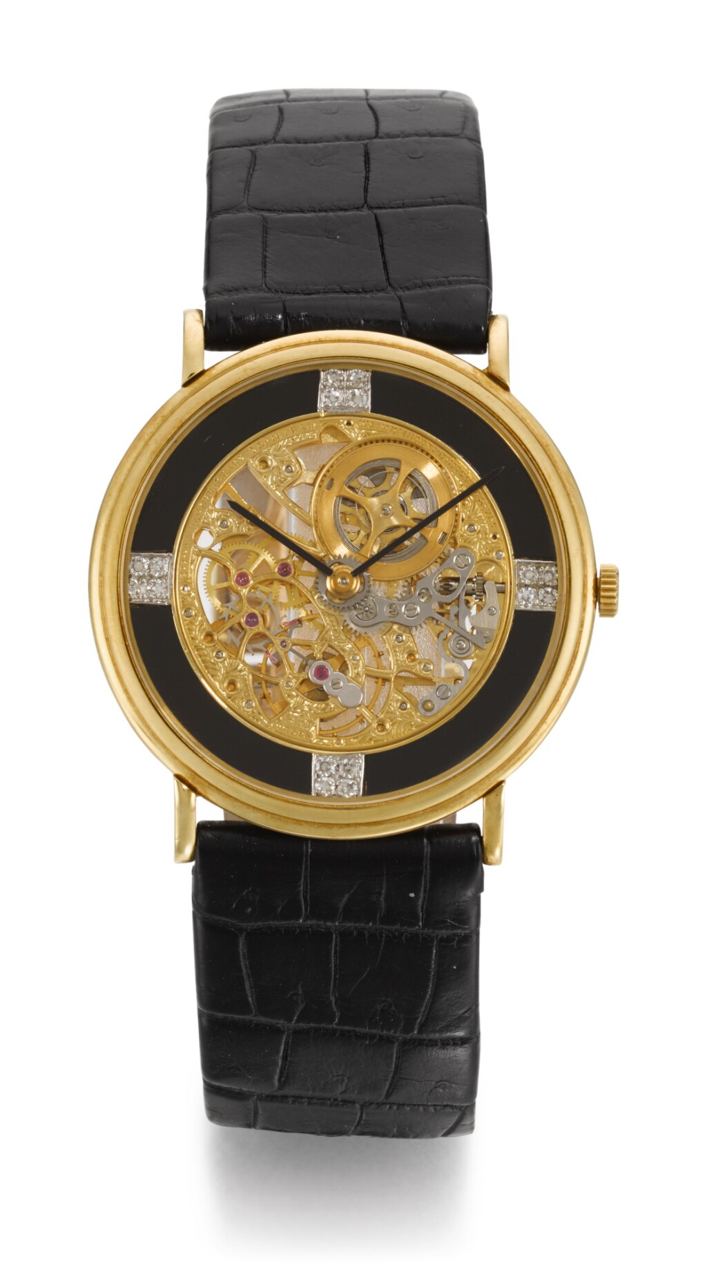 View full screen - View 1 of Lot 37. AUDEMARS PIGUET | YELLOW GOLD SKELETONISED WRISTWATCH WITH DIAMONDS AND ONYX, CIRCA 1980.