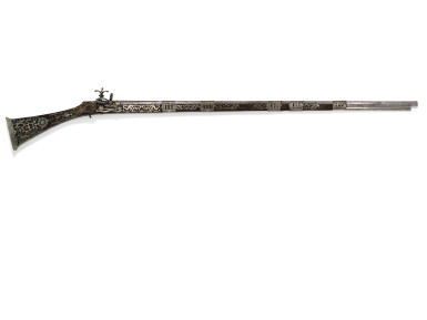 View full screen - View 1 of Lot 303. AN OTTOMAN SILVER-MOUNTED FLINTLOCK RIFLE, SIGNED AHMED, ALGERIA, DATED 1236 AH/1820 AD.