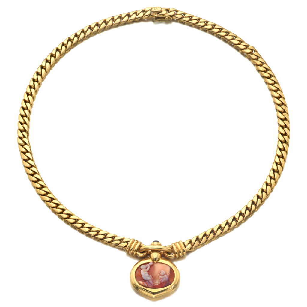 View full screen - View 1 of Lot 860. Gold, Shell Cameo and Sapphire Necklace.