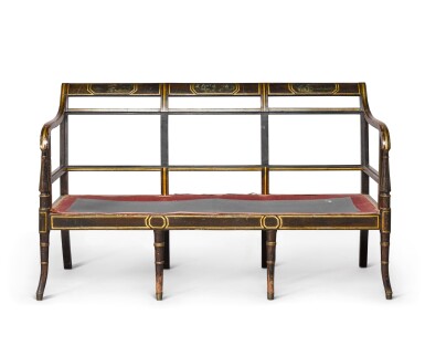 View full screen - View 1 of Lot 155. A Regency parcel-gilt painted beechwood settee, circa 1810.