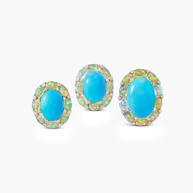 View full screen - View 1 of Lot 1625. Turquoise, Opal and Diamond Demi-Parure | 綠松石 配 歐泊 及 鑽石 戒指 配 耳環套裝.