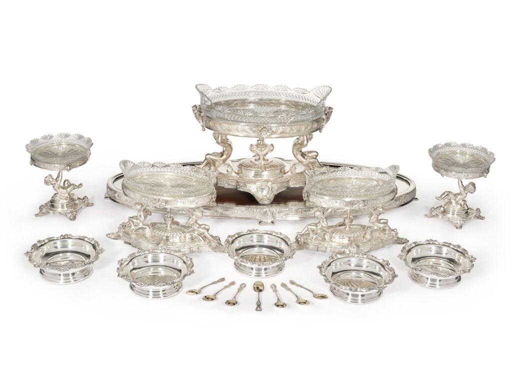 View full screen - View 1 of Lot 101. Victorian silver-plated and cut-glass figural table service, Elkington & Co., Birmingham, 1857 and circa.