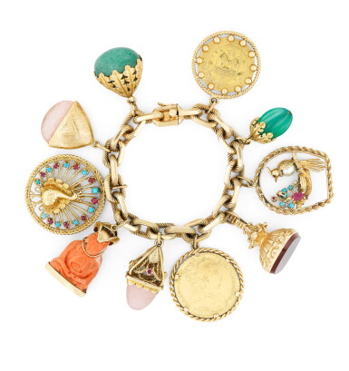 View full screen - View 1 of Lot 105. MAUBOUSSIN | BRACELET PIERRES DE COULEUR, CORAIL ET PERLES DE CULTURE | GEM SET, CORAL AND CULTURED PEARL CHARM BRACELET.