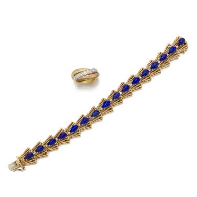 View full screen - View 1 of Lot 142. Cartier, Trinity diamond ring and Lapis lazuli bracelet (Anello in diamanti Trinity e bracciale in lapislazzuli, Cartier).