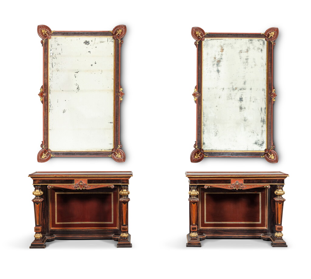 View full screen - View 1 of Lot 140. A pair of Italian painted, giltwood, and eglomized glass consoles and mirrors in the neo-pompeian style, Naples, 19th century.