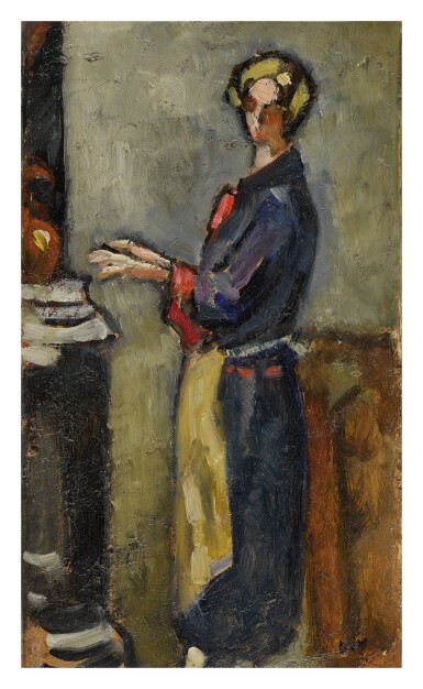 View full screen - View 1 of Lot 53. LOUIS VALTAT | FEMME SE CHAUFFANT PRÈS DU POÊLE.