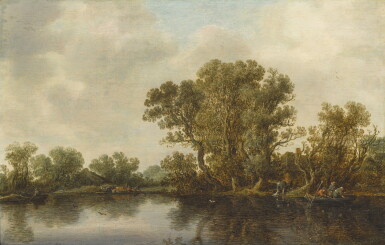 View full screen - View 1 of Lot 151. River landscape with trees, fishing boats and cows.