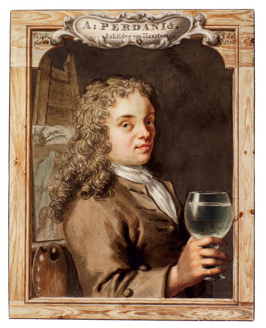 View full screen - View 1 of Lot 353. Portrait of Abraham Perdanis holding a glass of wine, in a drawn frame.
