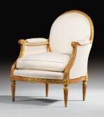 A CARVED GILTWOOD BERGÈRE, LOUIS XVI, BY GEORGE JACOB, CIRCA 1780 | BERGÈRE EN BOIS SCULPTÉ ET DORÉ D'ÉPOQUE LOUIS XVI, VERS 1780, PAR GEORGES JACOB