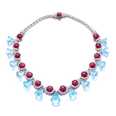 View full screen - View 1 of Lot 35. MICHELE DELLA VALLE | RUBY, BLUE TOPAZ AND DIAMOND NECKLACE.