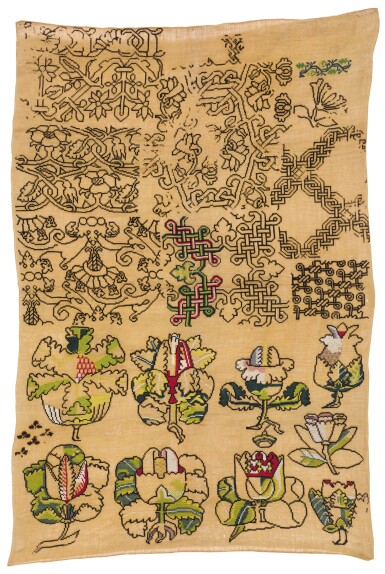 View full screen - View 1 of Lot 218. A NEEDLEWORK 'SPOT MOTIF' SAMPLER, ENGLISH, 17TH CENTURY.