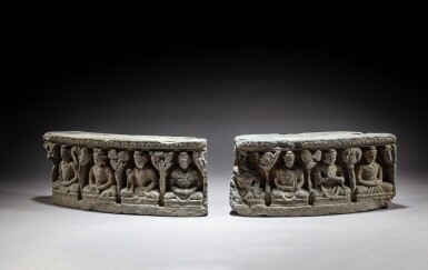 View full screen - View 1 of Lot 100. Two gray schist stupa drum panels, Ancient region of Gandhara, circa 2nd / 4th century | 犍陀羅 約二 / 四世紀 灰片岩雕板一對.