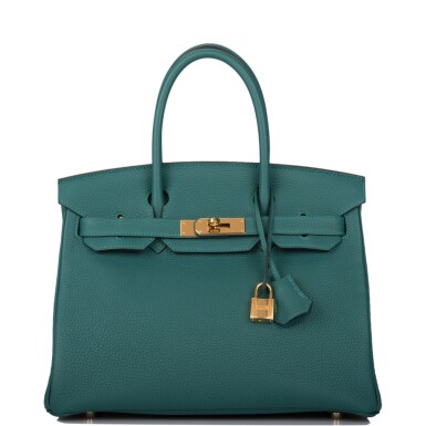 View full screen - View 1 of Lot 88. HERMÈS | MALACHITE BIRKIN 30CM OF TOGO LEATHER WITH GOLD HARDWARE.