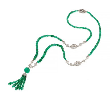 View full screen - View 1 of Lot 12. EMERALD AND DIAMOND SAUTOIR (SAUTOIR IN SMERALDI E DIAMANTI) .