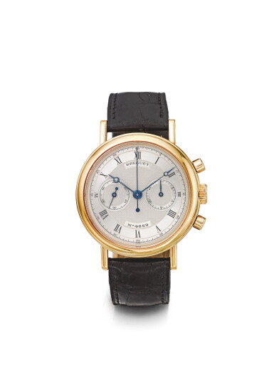 View full screen - View 1 of Lot 20. BREGUET | A YELLOW GOLD CHRONOGRAPH WRISTWATCH WITH REGISTERS CIRCA 2000.
