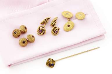View full screen - View 1 of Lot 1133. PAIR OF RUBY CUFFLINKS, VAN CLEEF & ARPELS, TWO PAIRS OF CUFFLINKS AND A TIE PIN.