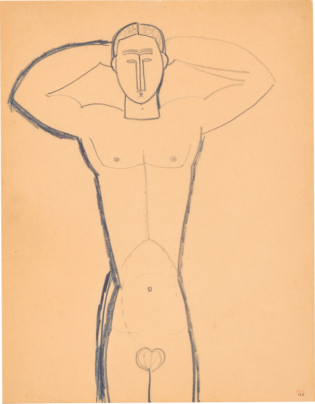 View full screen - View 1 of Lot 124. Male caryatid, frontal view, three-quarter length, hands behind his head.