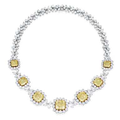 View full screen - View 1 of Lot 34. Fancy Yellow Diamond, Colored Diamond and Diamond Necklace.