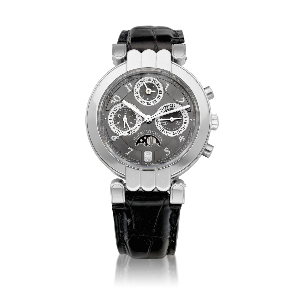 View full screen - View 1 of Lot 2132. Ocean Perpetual Calendar Chronograph, Reference 200-MCAPC38P | A limited edition platinum perpetual calendar chronograph wristwatch with day, date, moon phases and leap year indication, Circa 2003 | 海瑞溫斯頓 | Ocean Perpetual Calendar Chronograph 型號200-MCAPC38P | 限量版鉑金萬年曆計時腕錶,備日期、星期、月相及閏年顯示,約2003年製.