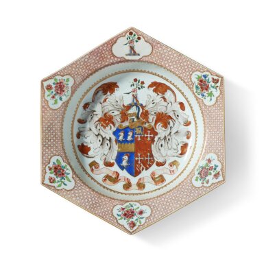 View full screen - View 1 of Lot 103. A Rare Large Chinese Export Armorial Hexagonal Basin, Qing Dynasty, Yongzheng Period, Circa 1735 | 清雍正 約1735年 粉彩紋章圖六方大盆.