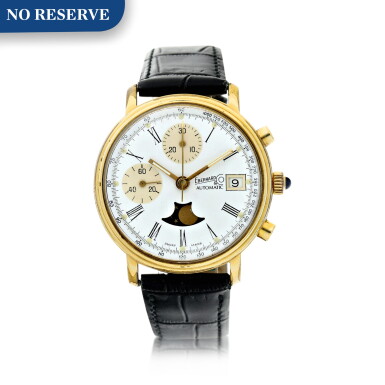 View full screen - View 1 of Lot 67. A LIMITED EDITION STAINLESS STEEL AND GOLD PLATED AUTOMATIC CHRONOGRAPH WRISTWATCH WITH DATE AND MOON PHASES, CIRCA 1987.