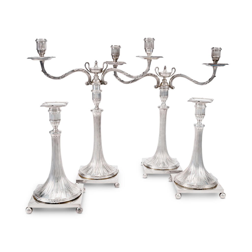 View full screen - View 1 of Lot 541. A Pair of George III Silver Two-Light Candelabra and a Pair of Matching Candlesticks, Wakelin & Taylor and Parker & Wakelin, London, Circa 1777.