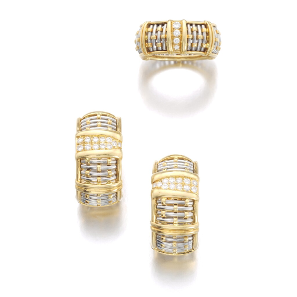 View full screen - View 1 of Lot 463. CARTIER | DIAMOND, GOLD AND STEEL DEMI-PARURE.