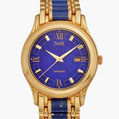 View full screen - View 1 of Lot 151. Reference 24001 M517D Polo | A yellow gold and lapis lazuli automatic wristwatch with bracelet and lapis lazuli dial, Circa 1990.