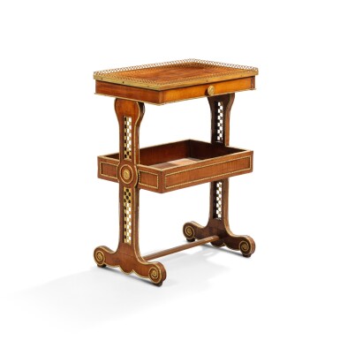 View full screen - View 1 of Lot 74. A gilt-bronze mounted moiré maple veneered table à ouvrage, late 18th century.