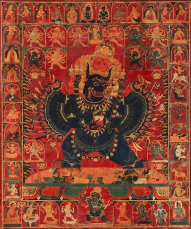 View full screen - View 1 of Lot 19. A rare and important thangka depicting Ekavira Vajrabhairava, Tibet, 15th century | 西藏 十五世紀 獨雄大威德金剛唐卡 設色布本.
