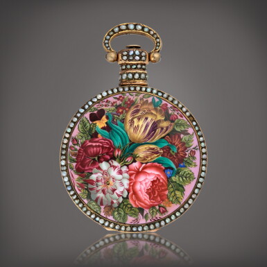 View full screen - View 1 of Lot 648. A gilt metal, enamel, and seed pearl-set key wound watch with jump seconds, Made for the Chinese Market, Circa 1850.
