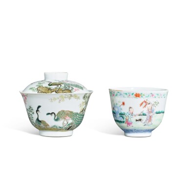 View full screen - View 1 of Lot 3429. Two famille-rose cups, Qing dynasty, 19th century - Republican period | 清十九世紀至民國 粉彩嬰戲圖盃 及 粉彩孔雀圖蓋盌.