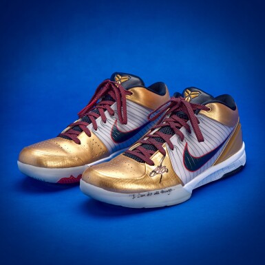 View full screen - View 1 of Lot 30. Stephen Curry 2025-2026 Game Worn Dual-Signed and Inscribed Nike Kobe 4 Protro 'Gold Medal'.