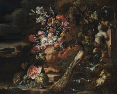 View full screen - View 1 of Lot 104. NICOLA CASISSA | STILL LIFE OF FLOWERS WITH A FOUNTAIN.