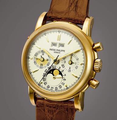 View full screen - View 1 of Lot 2040. Reference 3970 | A yellow gold perpetual calendar chronograph wristwatch with moon phases, 24 hours and leap year indication, Circa 1992 | 百達翡麗 | 型號3970 | 黃金萬年曆計時腕錶,備月相、24小時及閏年顯示,約1992年製.