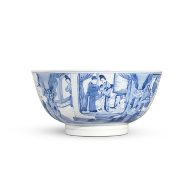 View full screen - View 1 of Lot 683. A blue and white 'Romance of the Western Chamber' bowl, Mark and period of Kangxi | 清康熙 青花西廂記人物故事圖盌 《大清康熙年製》款.