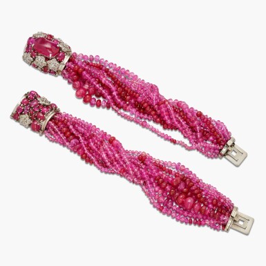View full screen - View 1 of Lot 315. Pair of Ruby, Pink Sapphire and Diamond Bracelets.