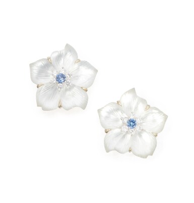 View full screen - View 1 of Lot 37. PAIR OF ROCK CRYSTAL, MOTHER-OF-PEARL, DIAMOND AND SAPPHIRE EARCLIPS, SEAMAN SCHEPPS.