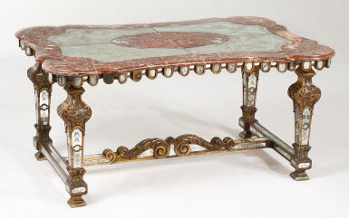 View full screen - View 1 of Lot 19. An Italian Baroque Style Etched Mirror-Inlaid Carved Giltwood and Rouge de Languedoc Marble Low Table, First Half 20th Century.